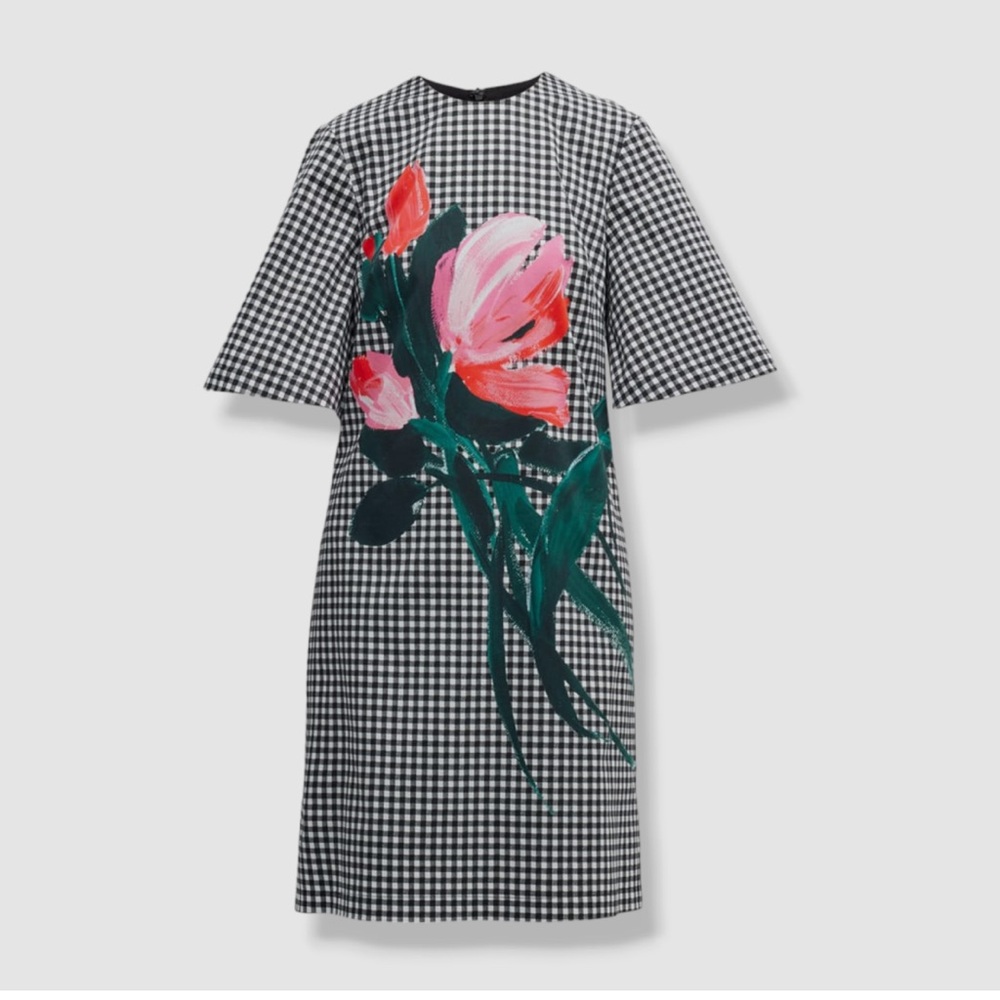 Lela Rose Women's Black Gingham Floral-Print Tunic Shift Dress Size 12